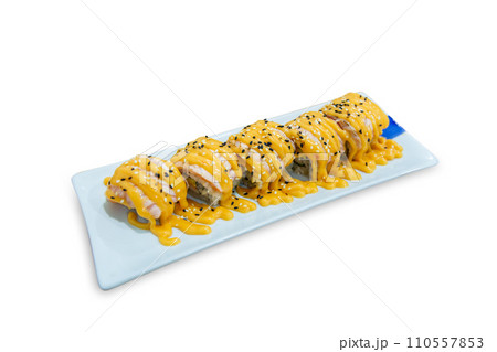 Top view of Salmon rolls, Delicious sushi with fish fillet, cream cheese, focus selective 110557853