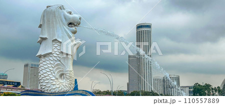 マーライオンとシンガポールの街並み 110557889