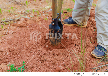 An individual using hand post hole digger to dig fence post 110557963