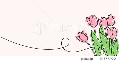 Continuous one line drawing of beautiful spring flowers vector design. Single line art illustration bouquet of pink tulips Continuous one line drawing of beautiful spring flowers vector design. Single line art illustration bouquet of pink tulips 110558922