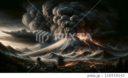 夜の富士山の噴火 110559142