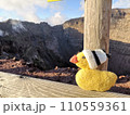 Yellow knitted duck with a woolen hat on a wooden bench on the background of the volcano 110559361
