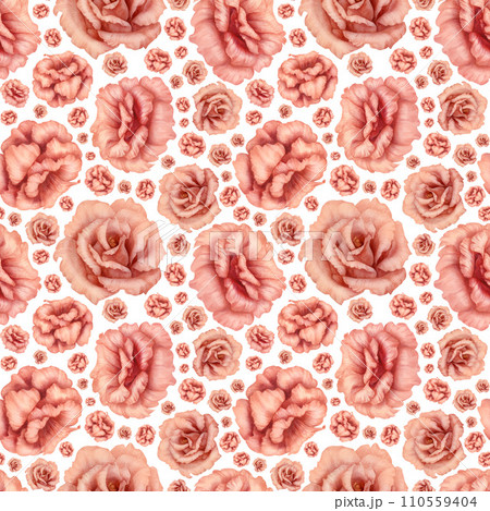 Watercolor pink seamless pattern with eustoma flowers, in trendy peach fuzz color for Valentine's Day, wedding, wrapping paper, scrapbooking, fabric, card, label, postcard, stickers Watercolor pink seamless pattern with eustoma flowers, in trendy peach fuzz color for Valentine's Day, wedding, wrapping paper, scrapbooking, fabric, card, label, postcard, stickers 110559404