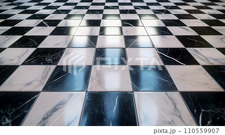 AI-generated content. Black and white marble tiles in a checkered layout, ideal for architectural renderings and interior design mock-ups. 110559907