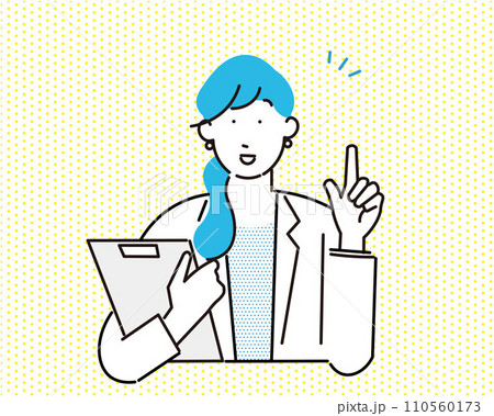 患者にカウンセリングするカルテを持ったお医者さん女医ー人差し指ー上半身ーシンプルベクターイラスト素材 110560173