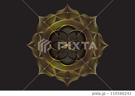 Gold Sacred lotus mandala, Mystical Flower of Life. Sacred geometry, vector logo graphic element isolated. Mystic icon seed of life, luxury abstract geometric esoteric flower on black background 110560242