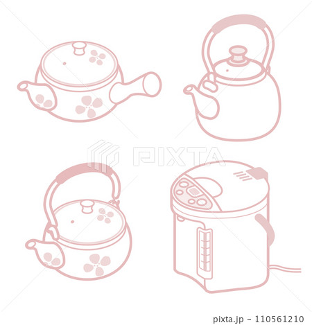 ベクターイラストセット:急須_やかん_電気ポット_線画 ベクターイラストセット:急須_やかん_電気ポット_線画 110561210