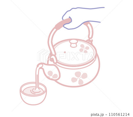 ベクターイラスト：急須から湯呑みにお茶を注ぐ手_線画 110561214