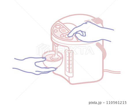 ベクターイラスト：電気ポットから湯呑みにお茶やお湯を注ぐ手_線画 110561215