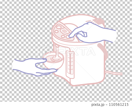 ベクターイラスト：電気ポットから湯呑みにお茶やお湯を注ぐ手_線画 110561215