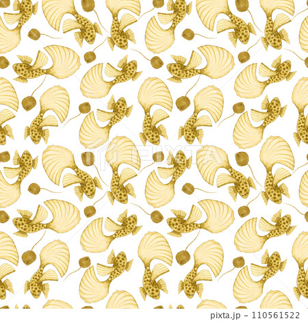 Seamless pattern of yellow fish. Background with an image of a monochrome sea creature. Simple watercolor, stylized design. Underwater world of fauna for fabric, paper. Hand drawn illustration. 110561522