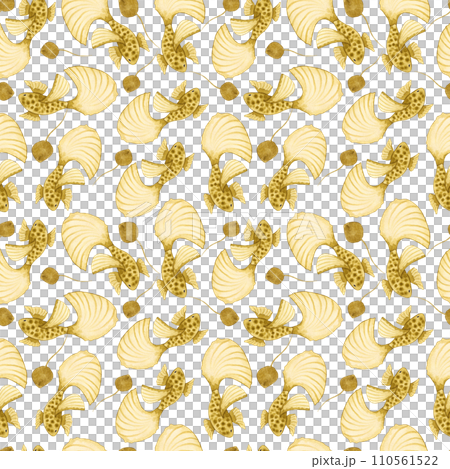Seamless pattern of yellow fish. Background with an image of a monochrome sea creature. Simple watercolor, stylized design. Underwater world of fauna for fabric, paper. Hand drawn illustration. 110561522