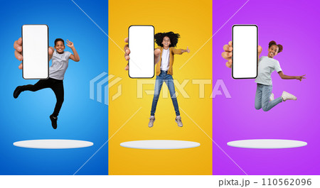 Great App. Group Of Happy Kids Jumping With Blank Smartphones In Hands Great App. Group Of Happy Kids Jumping With Blank Smartphones In Hands 110562096