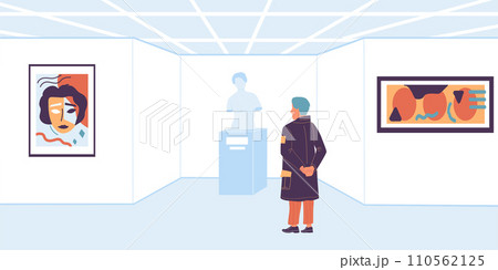 People in gallery. Cartoon visitor of art museum exhibition. Tourist looking at paintings and sculptures. Man enjoying of watching showpieces. View from behind. Vector illustration 110562125