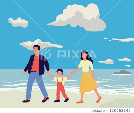 Parents and kid. Cartoon people walking together with happy child. Family outdoor leisure. Family travel. Sea beach. Mother and father holding baby s hand. Vector parenthood concept Parents and kid. Cartoon people walking together with happy child. Family outdoor leisure. Family travel. Sea beach. Mother and father holding baby s hand. Vector parenthood concept 110562143