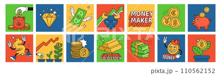 Money stickers. Cartoon finance characters, pig quote, invest coins or dollars in bank, financial collection. Retro characters with smiling faces. Vector illustration, cards design 110562152