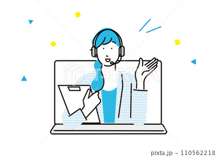 ノートパソコンからお客様に提案をするビジネスパーソンー女性ークリップボードーベクターイラスト素材 110562218