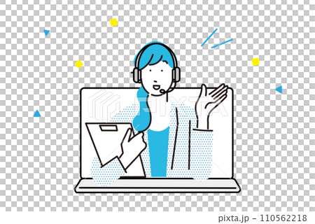 ノートパソコンからお客様に提案をするビジネスパーソンー女性ークリップボードーベクターイラスト素材 110562218