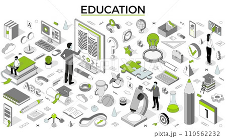 University study. Isometric students learning on training. Outline people in computer class. Knowledge service. Library book and educational video. Electronic course. Vector line concept 110562232