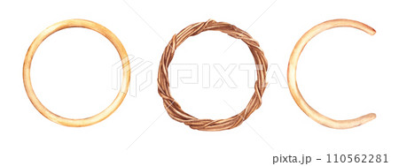 Set of decor round frames. Rustic wreath twisted from dry branches and wooden ring and semi-ring or hoop. Watercolor hand drawn illustration on white background. Set of decor round frames. Rustic wreath twisted from dry branches and wooden ring and semi-ring or hoop. Watercolor hand drawn illustration on white background. 110562281