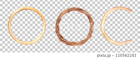 Set of decor round frames. Rustic wreath twisted from dry branches and wooden ring and semi-ring or hoop. Watercolor hand drawn illustration on white background. 110562281