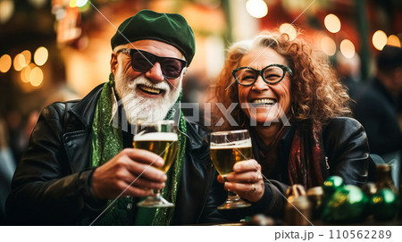 AI-generated content. Modern adult man with a beard and a woman in green glasses drink beer and joyfully celebrate St. Patrick's Day AI-generated content. Modern adult man with a beard and a woman in green glasses drink beer and joyfully celebrate St. Patrick's Day 110562289