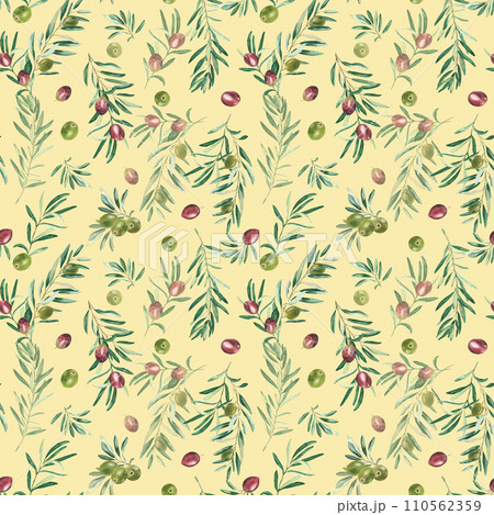Watercolor seamless pattern with branches of green and red olives on a beige background. Can be used for textile, wallpaper prints, kitchen, food and cosmetic design. 110562359