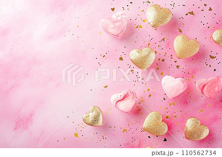 Floating Pink and Gold Hearts on a Soft Pink Backdrop, watercolor style, for Love Themed Events, Valentines, Birthday Greetings 110562734
