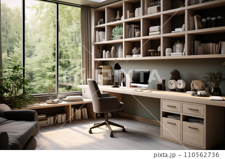 Office with a spacious desk adorned with minimal decor, atmosphere of orderly productivity Office with a spacious desk adorned with minimal decor, atmosphere of orderly productivity 110562736