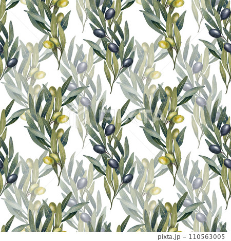 Seamless pattern with hand drawn watercolor olive tree leaves, branch, green and black olives fruit. floral illustration for fabrics, kitchen textiles, wallpapers, print Seamless pattern with hand drawn watercolor olive tree leaves, branch, green and black olives fruit. floral illustration for fabrics, kitchen textiles, wallpapers, print 110563005