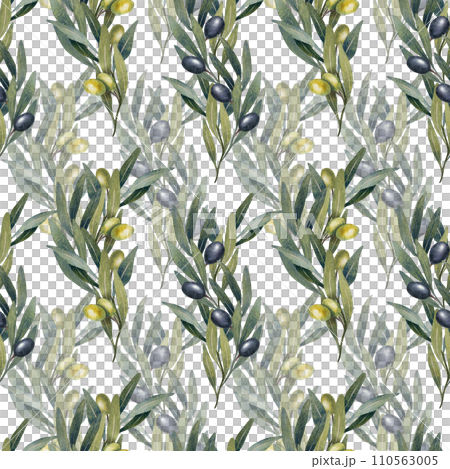 Seamless pattern with hand drawn watercolor olive tree leaves, branch, green and black olives fruit. floral illustration for fabrics, kitchen textiles, wallpapers, print Seamless pattern with hand drawn watercolor olive tree leaves, branch, green and black olives fruit. floral illustration for fabrics, kitchen textiles, wallpapers, print 110563005