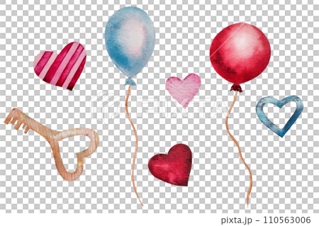 Set of watercolor hearts, red and blue balloon and key. Hand drawn romantic art for lovers cards, wedding design. Cliparts for Valentine's Day decoration, design on the theme of love, passion. 110563006