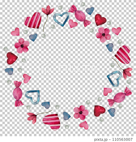 Wreath with watercolor hearts, candies and flowers. Hand drawn romantic art, frame for valentine's day, for lovers cards, wedding design. Template with space for text 110563007