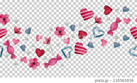 Seamless border with watercolor hearts, candies and flowers. Hand drawn romantic art romantic for valentine's day, for lovers cards, wedding design. Template with space for text for web banners, gift. Seamless border with watercolor hearts, candies and flowers. Hand drawn romantic art romantic for valentine's day, for lovers cards, wedding design. Template with space for text for web banners, gift. 110563016