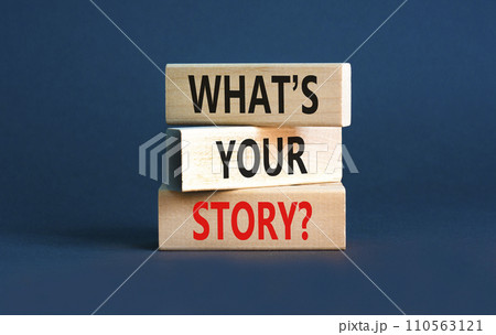 Storytelling and what is your story symbol. Concept words What is your story on blocks. Beautiful grey table grey background. Business storytelling and what is your story concept. Copy space. 110563121