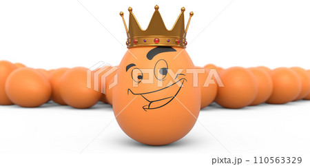 Crowd of farm brown chicken eggs and unique egg with funny face and crown on it 110563329