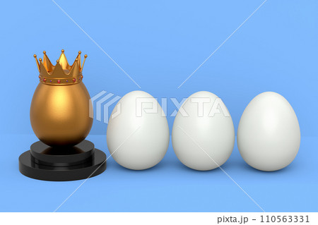 White chicken eggs in row and unique gold egg in royal king crown on podium 110563331