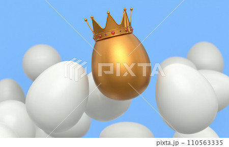 Heap of farm white chicken eggs and unique gold egg in royal king crown 110563335