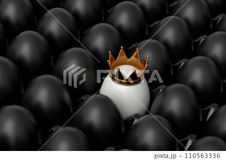 Heap of farm black chicken eggs and unique white egg in gold royal king crown Heap of farm black chicken eggs and unique white egg in gold royal king crown 110563336