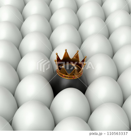 Heap of farm white chicken eggs and unique black egg in gold royal king crown 110563337