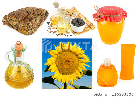Food and cosmetics containing sunflower seeds and oil. Collage. 110563600