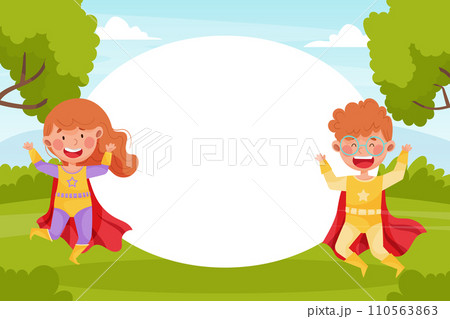 Cute Superhero Kids Wearing Cloak Empty Card Vector Template 110563863