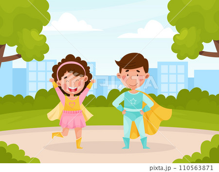 Cute Superhero Kids Wearing Cloak Vector Illustration 110563871