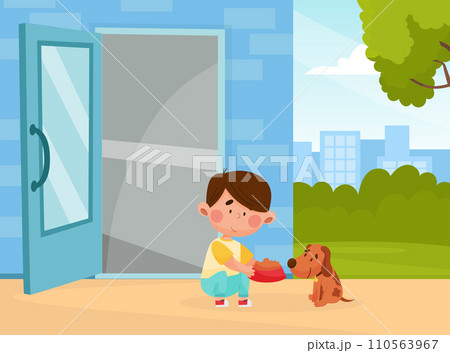 Cute Boy Character Feed Dog Pet Vector Illustration Cute Boy Character Feed Dog Pet Vector Illustration 110563967