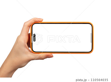 Berlin Germany December 21 2023 Hand hold iphone screen mockup, horizontal phone isolated on white Berlin Germany December 21 2023 Hand hold iphone screen mockup, horizontal phone isolated on white 110564035