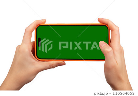 Berlin Germany December 21 2023 Hand using mobile phone, screen mockup, iphone isolated on white 110564055