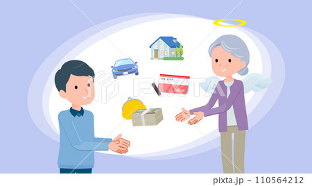 資産を渡す象徴的なシーン。サムネール見出しデザイン。 110564212