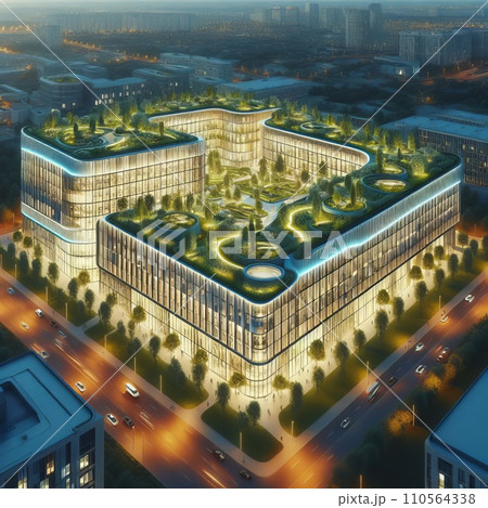 aerial evening view of modern eco-friendly green office building with green plants 110564338