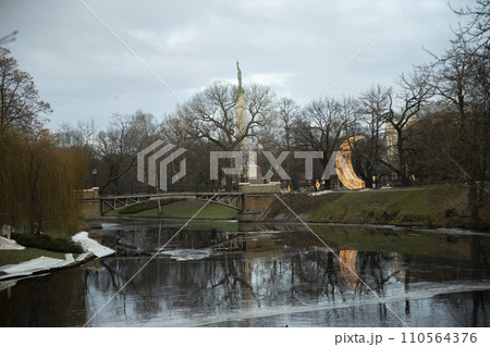 Riga in winter, Vermanes-Park against a blue sky. Riga, Latvia. High quality photo 110564376