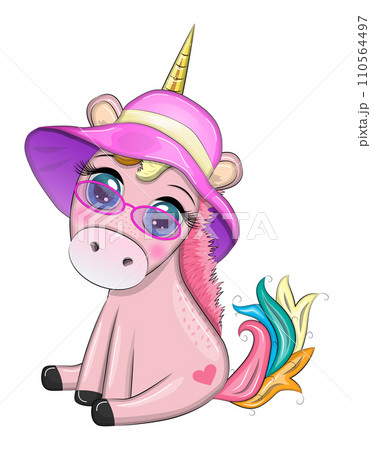 Cute cartoon unicorn dressed as a hula dancer, Hawaii, ready to go character. Summer, sea, palm trees, beach. Cute cartoon unicorn dressed as a hula dancer, Hawaii, ready to go character. Summer, sea, palm trees, beach. 110564497